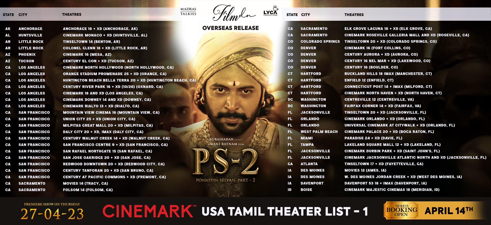 Ponniyin Selvan 2 USA Theater List Tamil Movie, Music Reviews and News