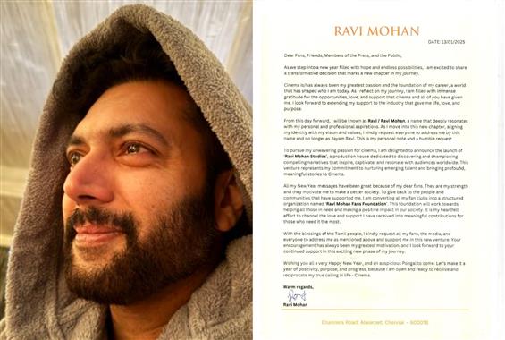 Actor Ravi Mohan drops 'Jayam' from his name ahead of Pongal 2025