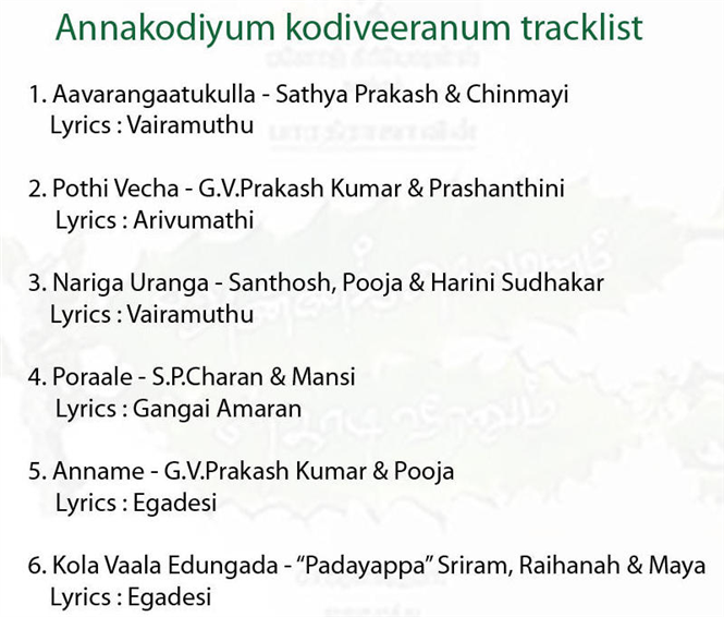 Annakodiyum Kodiveeranum Audio Tracklist Tamil Movie, Music Reviews and ...