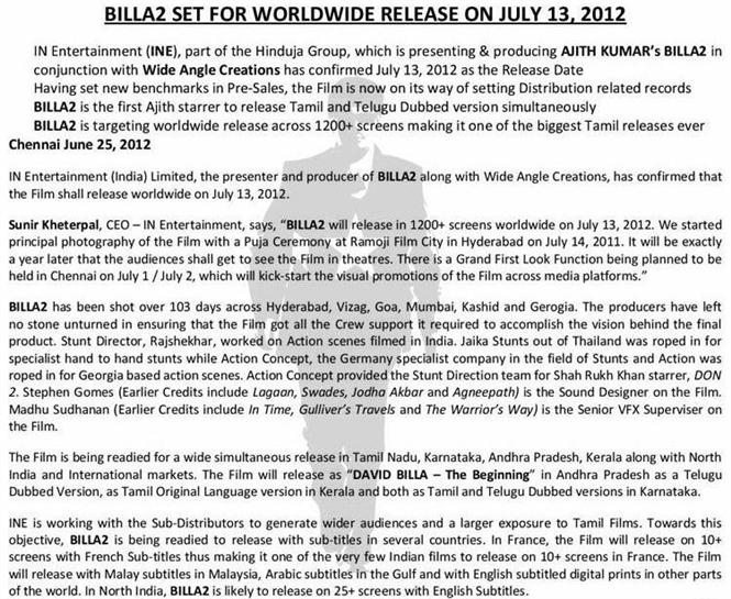 Billa 2 July 13 Official Press Release