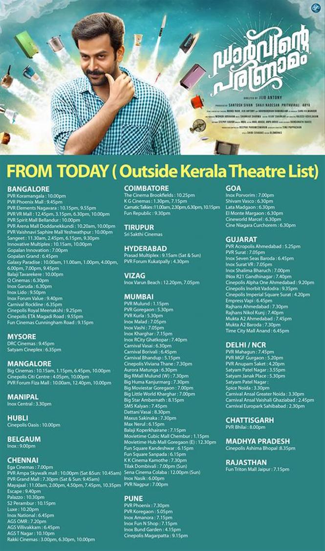 Darvinte Parinamam Outside Kerala theater list 