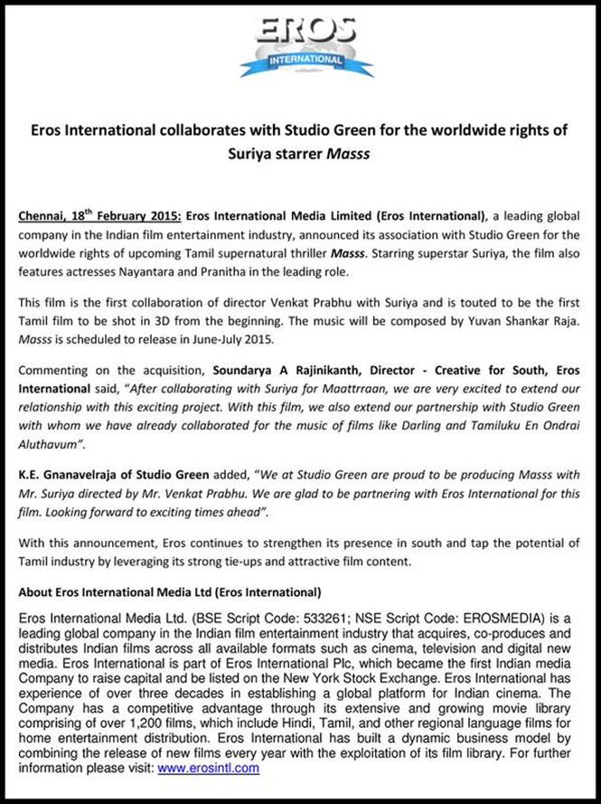 Eros collaborates with Studio Green for the World Wide rights of Masss 