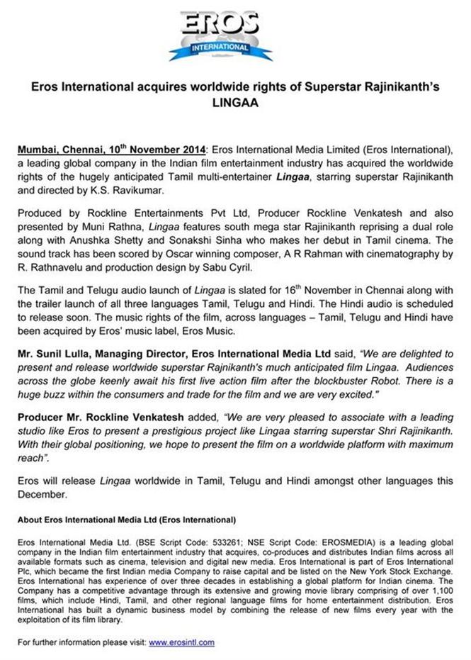 Eros International acquires Lingaa worldwide rights 