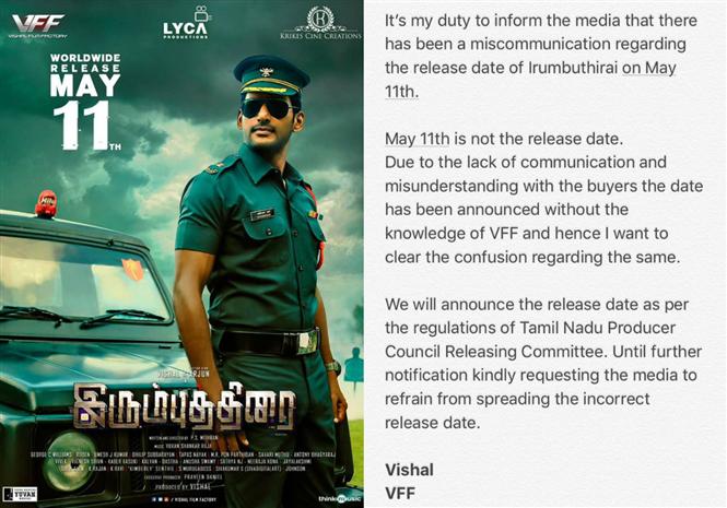 Irumbu Thirai post-poned yet again! Vishal claims release date was announced without his knowledge!