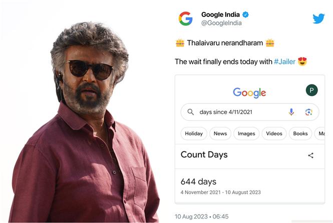 Jailer: Google India welcomes Rajinikanth's film with Thalaivar Nerandharam trend