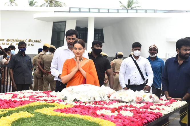 Team Thalaivii visits Jayalalithaa's memorial ahead of her biopic's release!
