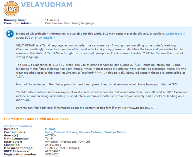 Velayudham - BBFC Re-Certification